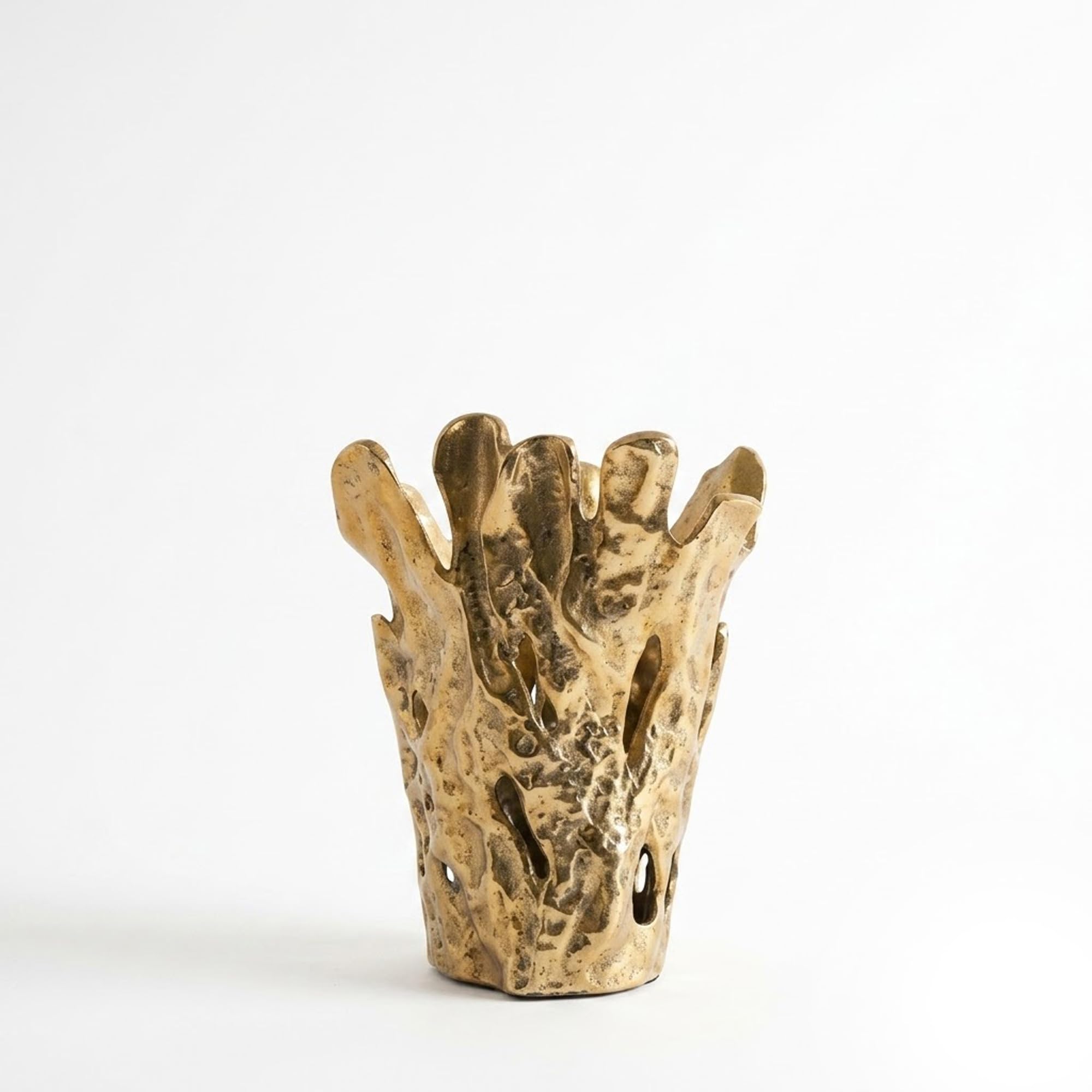 IHI EST. 1986 Organic Coral Style Gold Vase, 10.5 Inch Decorative Metal Vase with Sculptural Openwork Design, Artistic Coastal Inspired Vessel for Tabletop and Shelf Décor