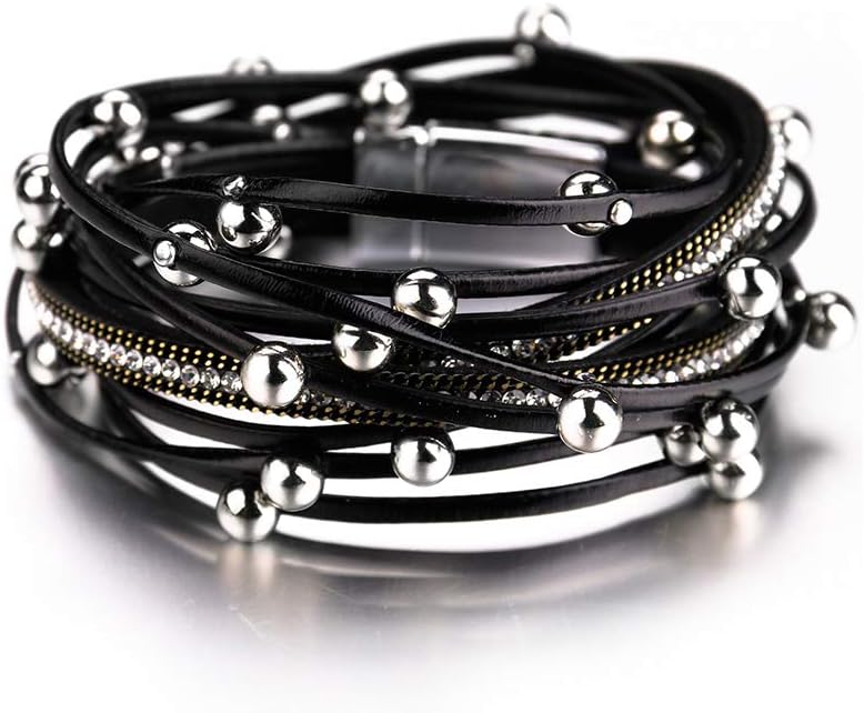 Leather Wrap Bracelets for Women, Boho Leopard Multi-Layer Crystal Beads Cuff Bracelet Jewelry