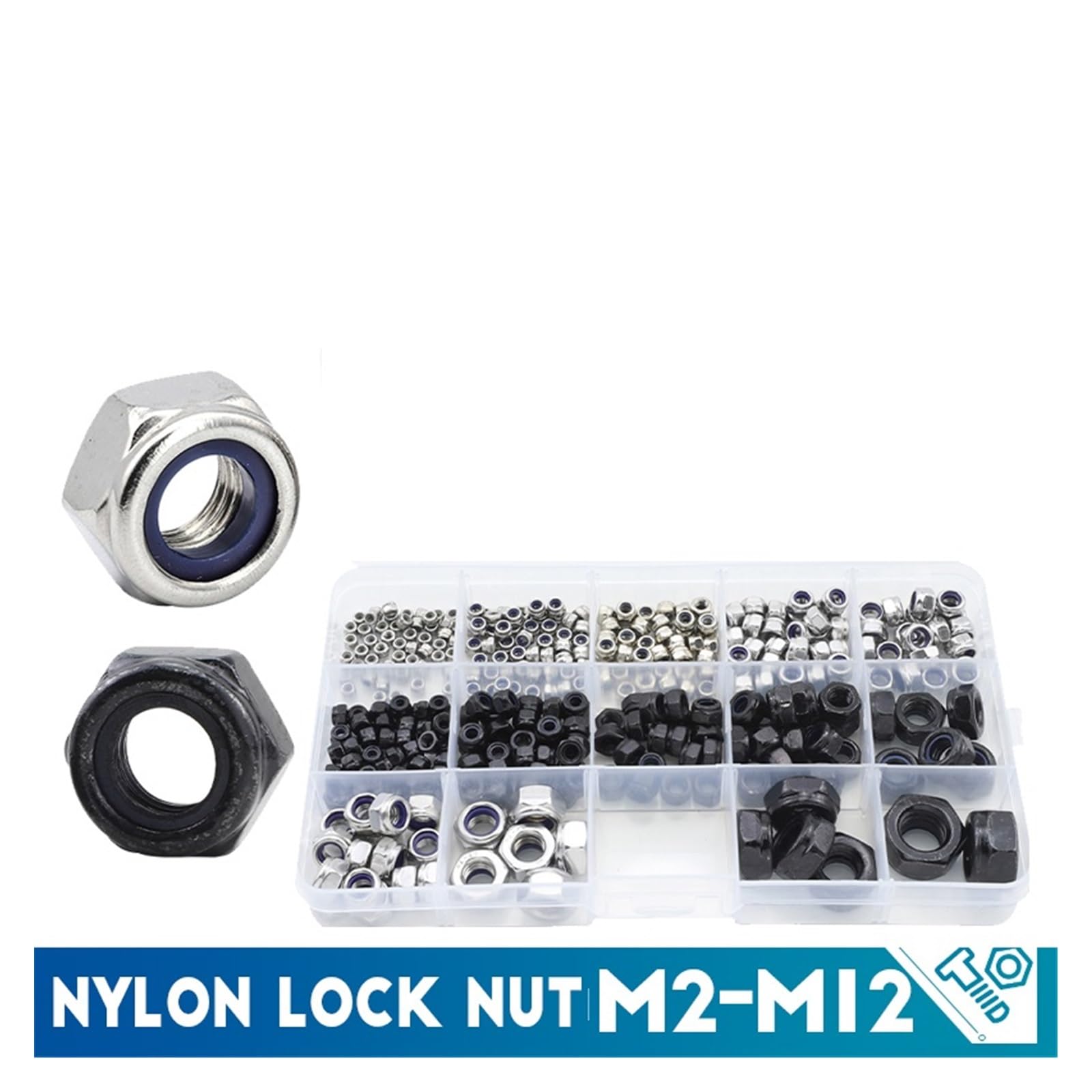 Juego de tuercas hexagonales de seguridad de nailon, acero al carbono galvanizado negro, M2-M12, kit surtido de tuercas autoblocantes DIN985(304 m2-m12 321pcs)