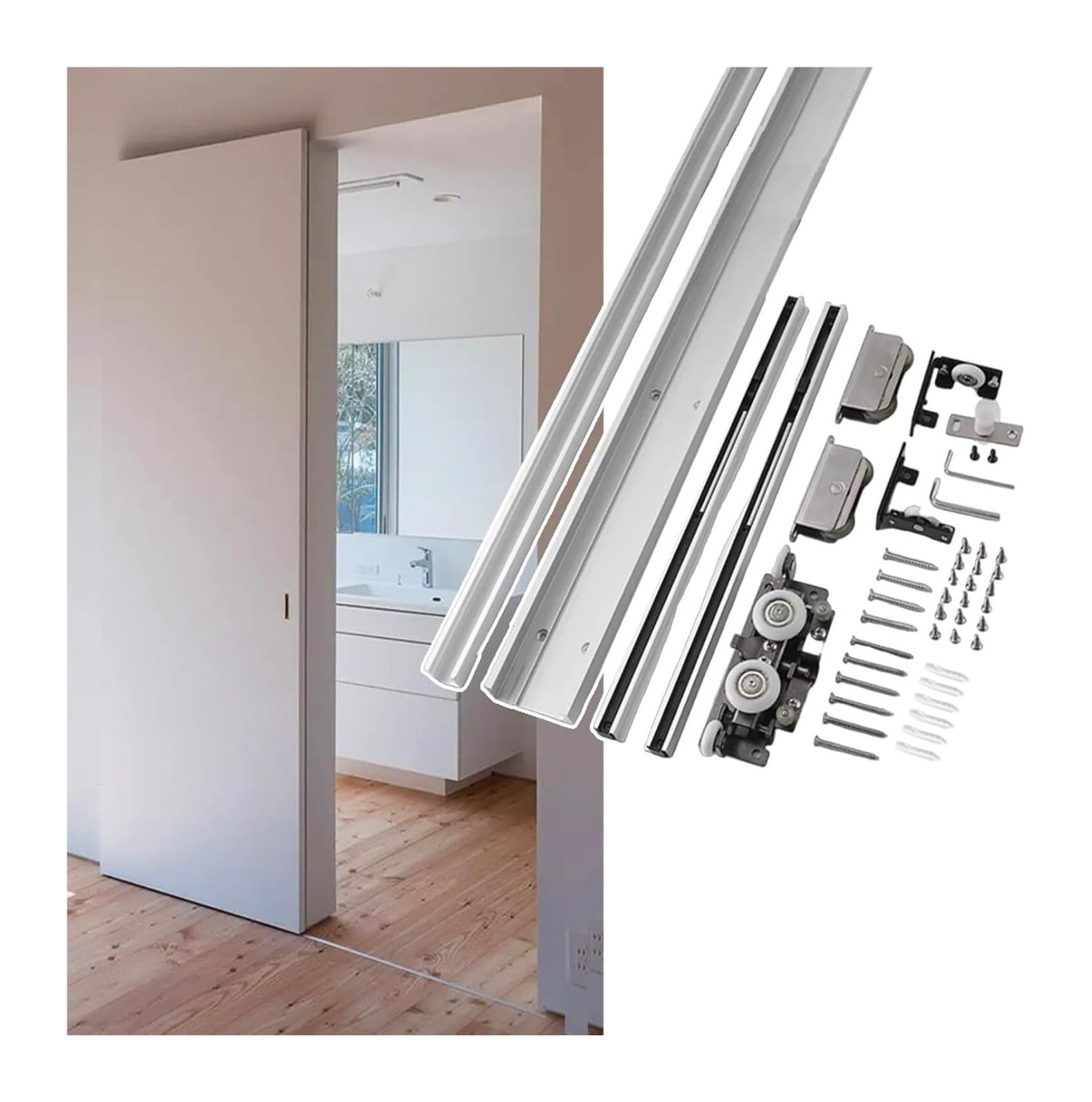 EBZFASO Sliding Door Track, Concealed Sliding Barn Door Kit Soft Close Wall Mount(152cm(59.8in))