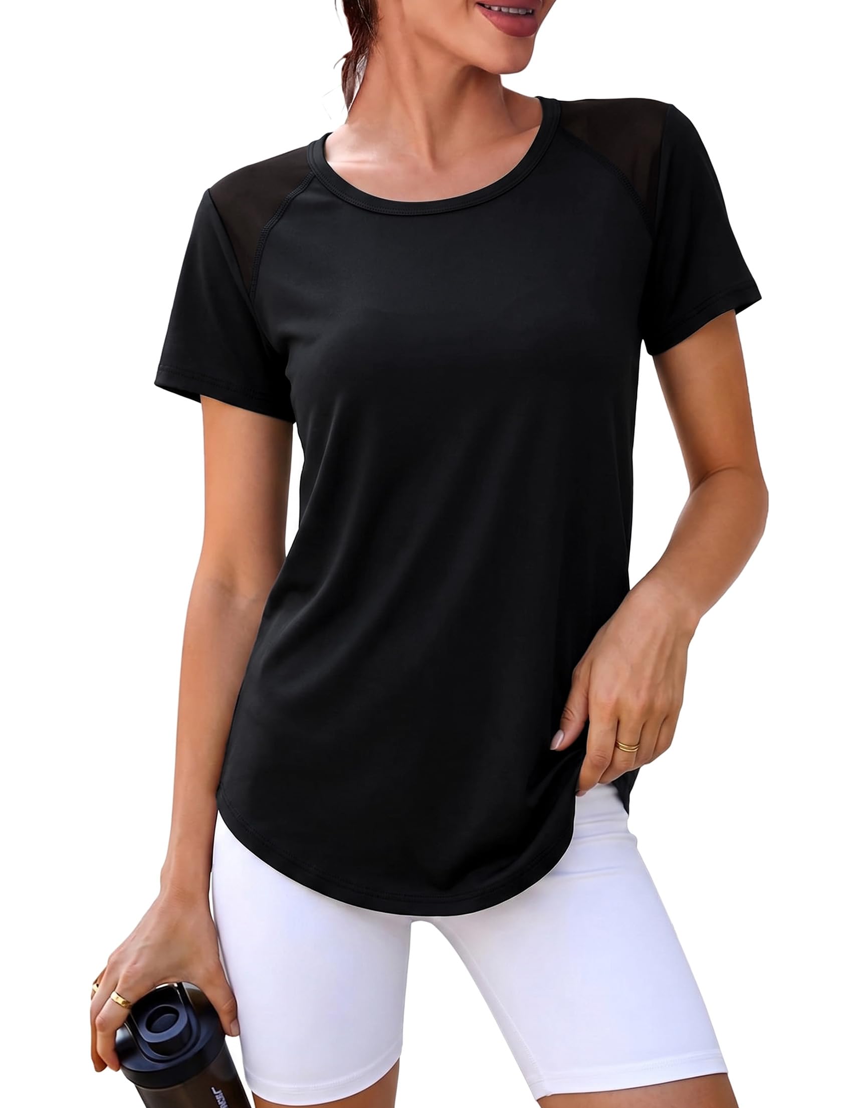 Camiseta Deportiva Mujer Manga Corta Cuello Redondo Camisetas Deporte Malla Trasera Secado Rápido y Transpirable Fitness Yoga Top