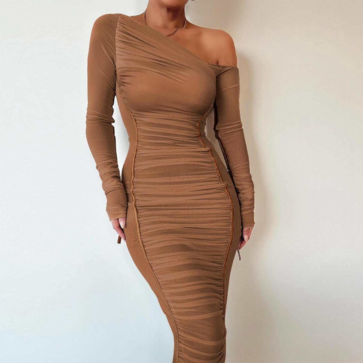 Sexy Bodycon Maxi Dress for Women Sheer Long Sleeve Off The Shoulder Party Club Ruched Mesh Dresses - Image 4