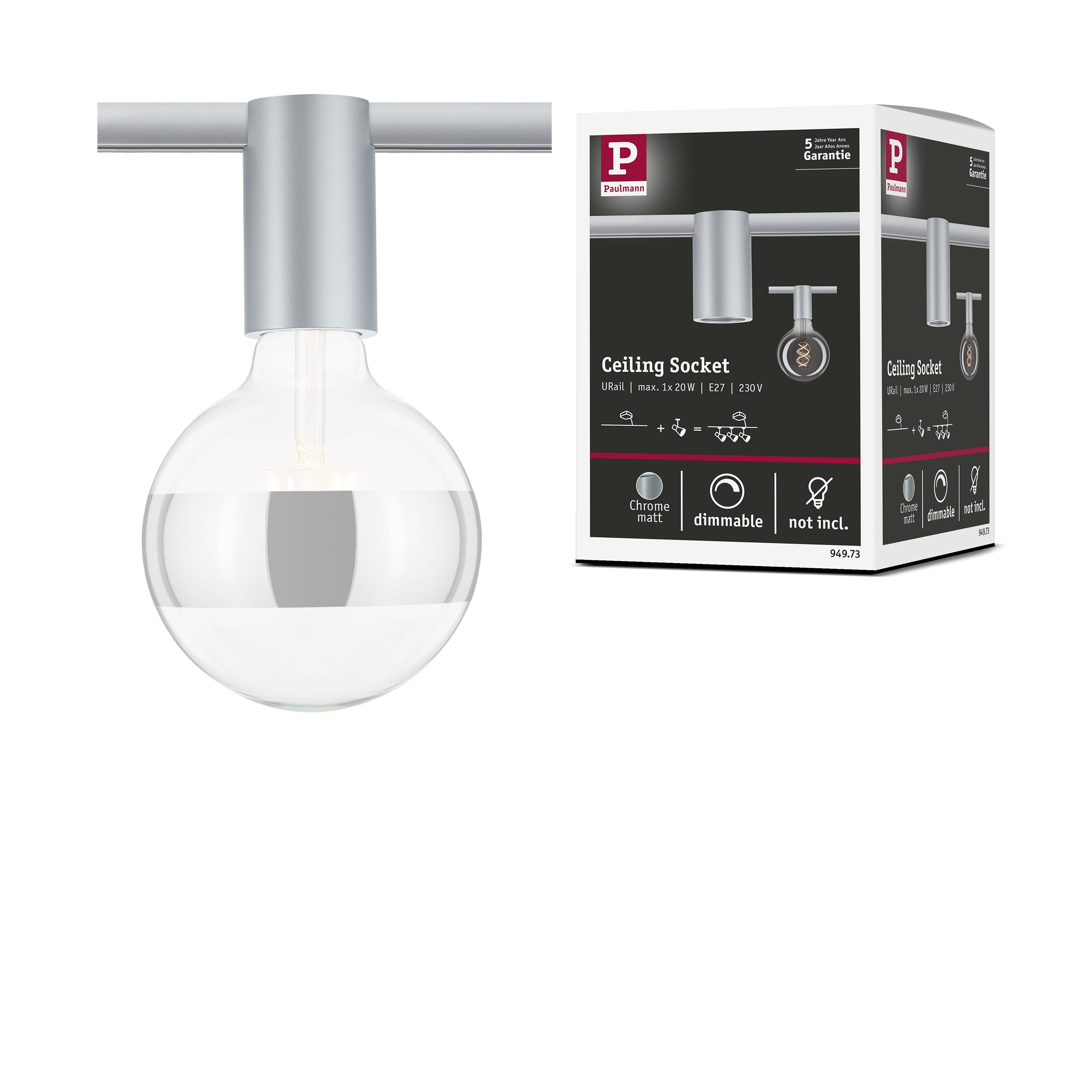 Paulmann 94973 Socket URail Individual spot E27 max. 20W dimmable 230V Chrome matt Rail System – Choose Any lamp