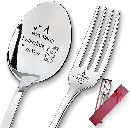 2 piezas A very Merry Unbirthday to You, juego de cuchara y tenedor de acero inoxidable grabado, cocina y restaurante de mango largo, cuchara y