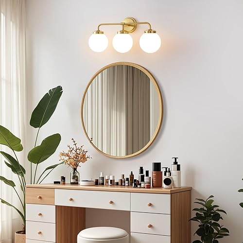 Miniatura 6 de Lámparas doradas para tocador de baño, aplique de pared de latón moderno de 3 luces con pantalla de bola de vidrio lechoso, iluminación de tocador