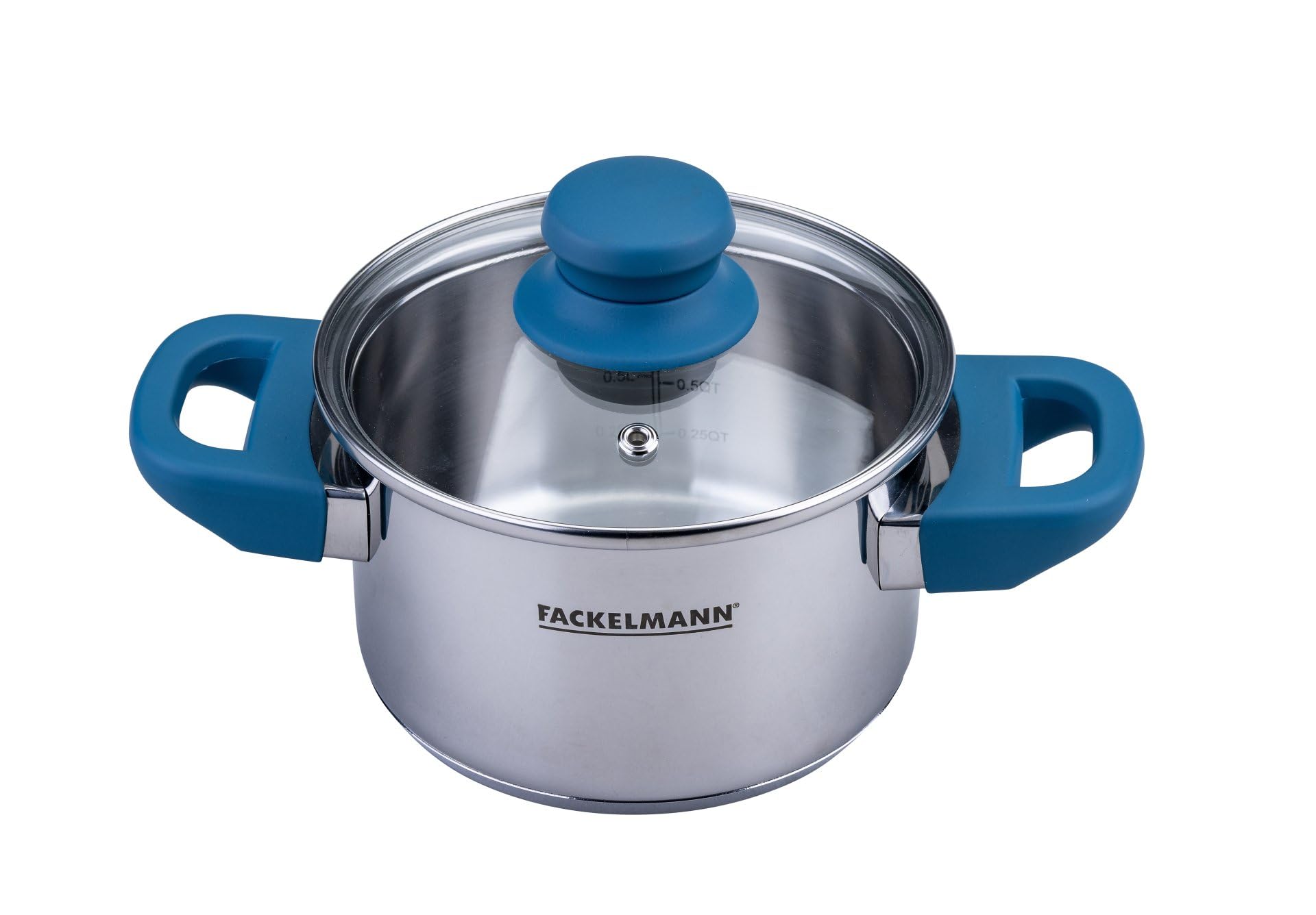 FACKELMANN Kochtopf Essential Ø 14 cm aus Edelstahl, dunkelblaue Bakelit-Griffe, energiesparender Kapselboden, inklusive Glasdeckel, Blau