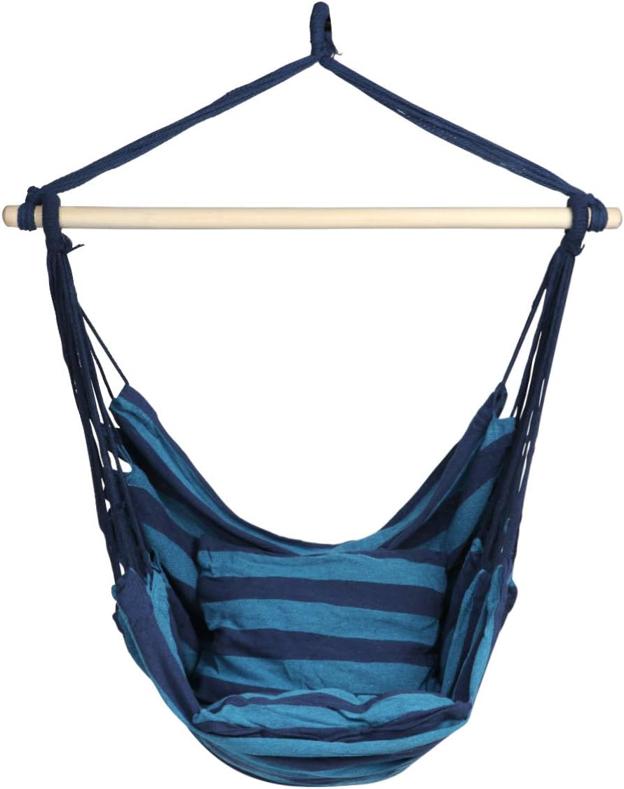 Hammock Chair Hanging Rope Swing Seat with Pillow and Carrying Bag Chair for Yard, Bedroom, Patio, Garden, Indoor, Outdoor (Blue)