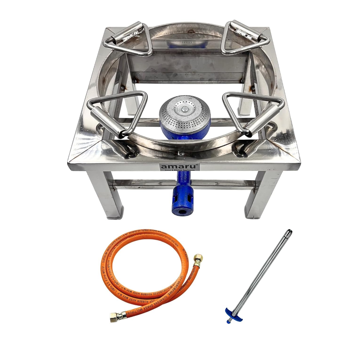 Amaru Single Burner Stainless Steel Square Round Ring Chulha Canteen Bhatti Commercial Gas Stove - Manual (Medium-12Wx12Lx9H)-image-27