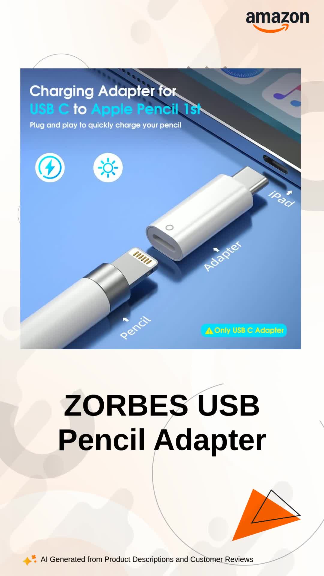 ZORBES® USB C to Pencil Adapter for Apple Pencil 1st Gen, USB-C