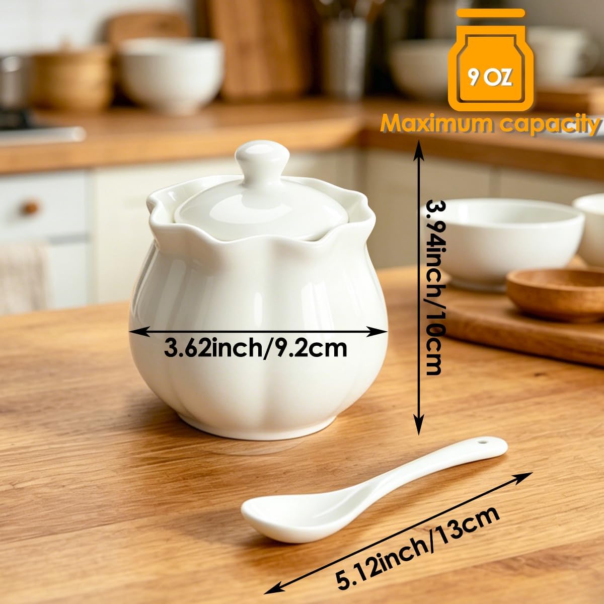Ceramic Sugar Bowl with Lid and Spoon, 9 oz Vintage Porcelain Sugar Jar, White Scalloped rim Seasoning Container for Salt and Pepper, Kitchen Countertop Canister for Coffee Bar Home Décor
