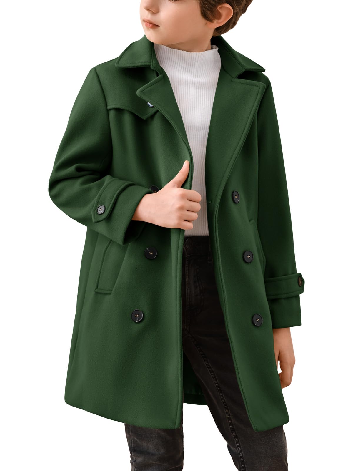 Haloumoning Boys Double Breasted Peacoat Notched Lapel Collar Wool Blend Long Coat with Pockets