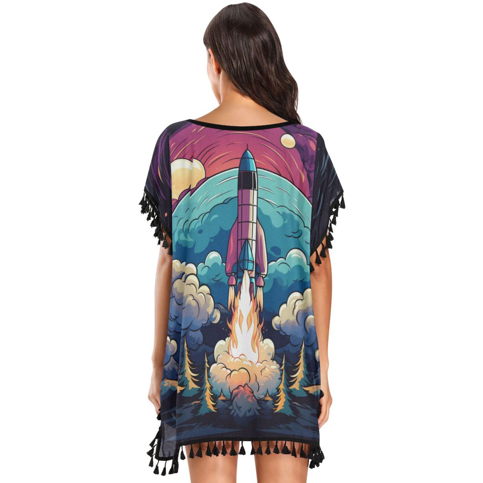 Space Moon Art Rocket Women's Beach Cover Up Chiffon Tassel Swimwear Swimsuit Coverups for Girl