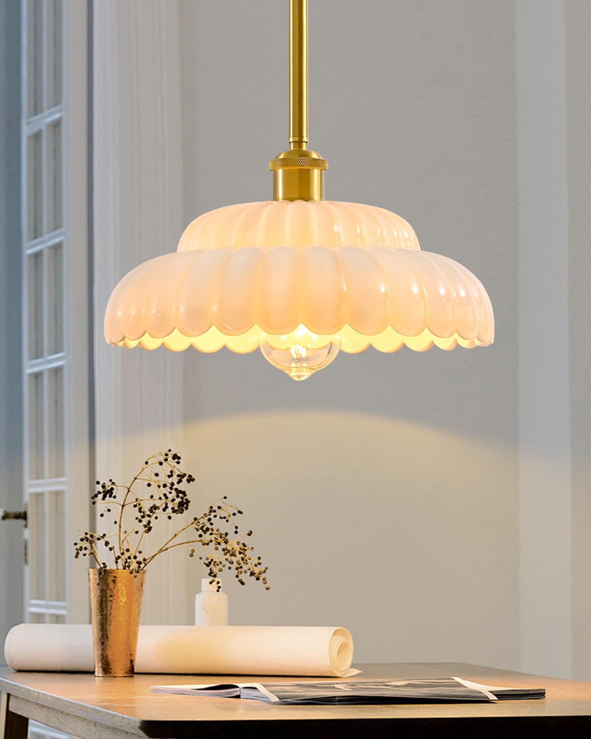 ChenSolara White Glass Pendant Light, Adjustable Hanging Ceiling Lamp, Brass Finish Modern Chandelier for Sloped Ceiling, Dining & Kitchen Lighting