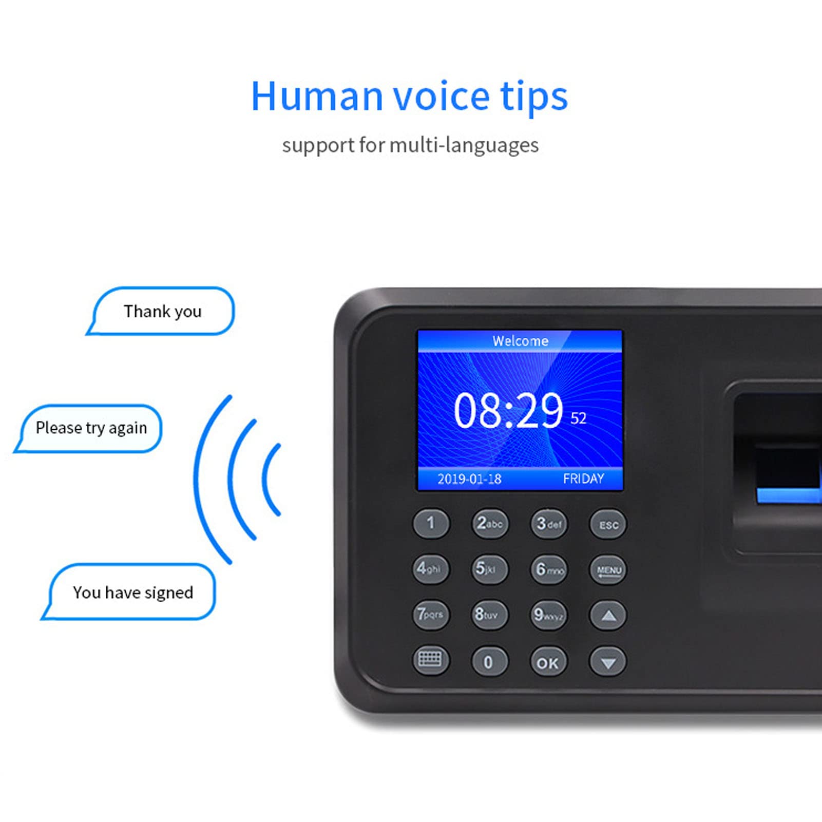 Biometrische Zeiterfassungsmaschine für Mitarbeiter mit Fingerabdruck Stempeluhr, 2,4 Zoll LCD Display, 1000 Benutzer Kapazität, ideal für kleine Unternehmen und Büros