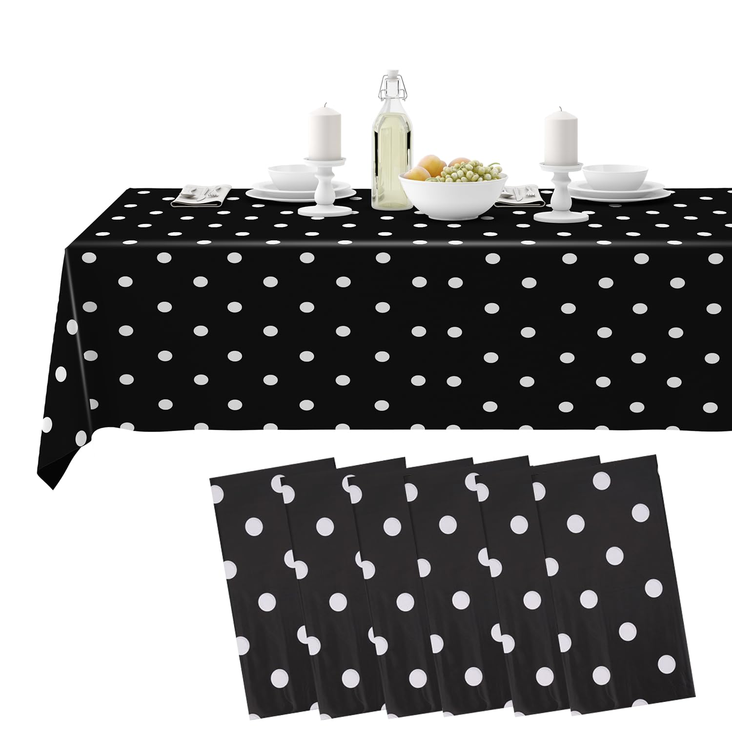 54"X 108" Polka Dots Disposable Plastic Table Cover - Waterproof, Spill-Proof, Rectangular Table Protector for Birthdays, Baby Showers, Outdoor Dinners, Picnics, Black - Pack of 6 โ image 1