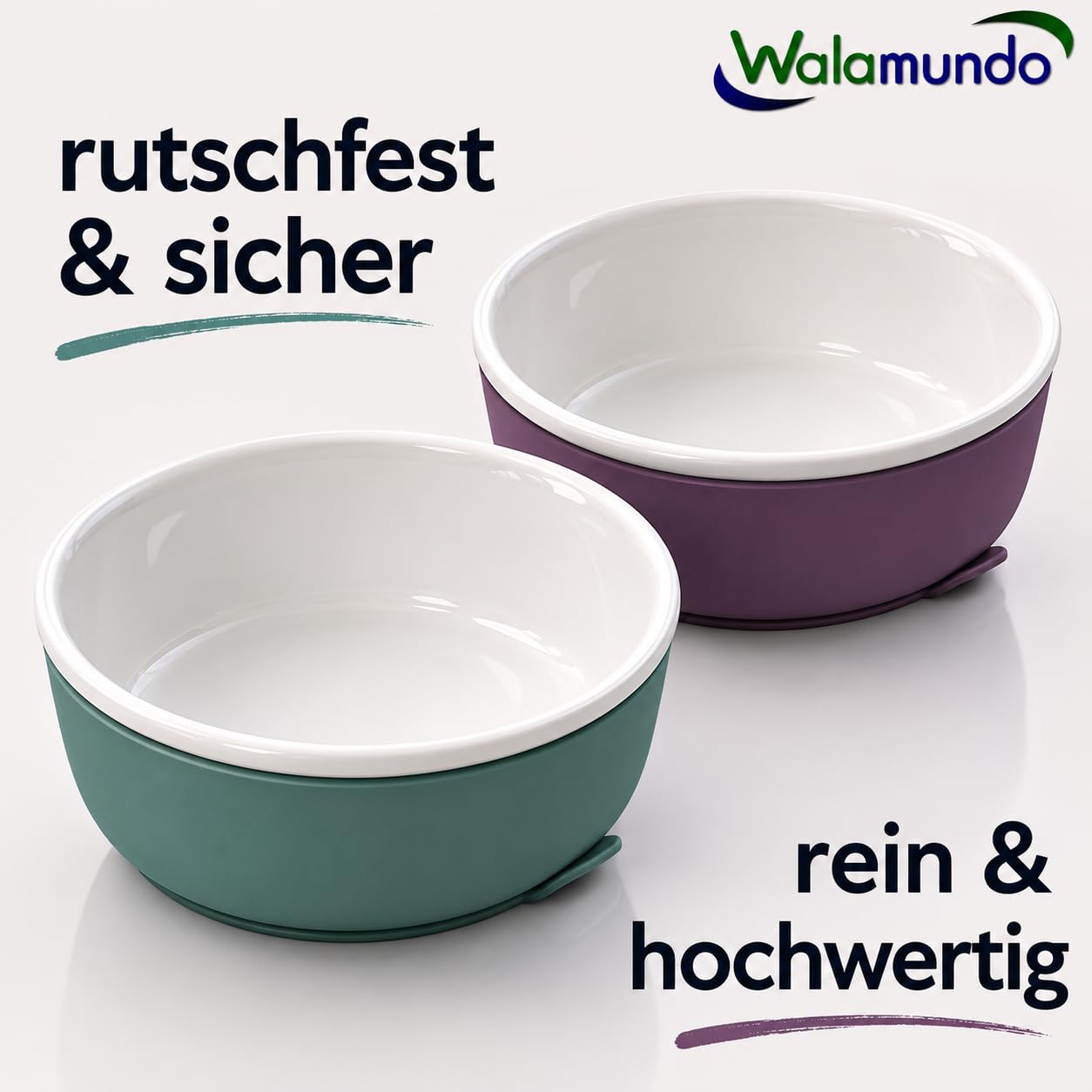 Hochwertige Kinderschüssel / Babyschüssel aus gehärtetem, robustem Porzellan mit Schutz aus lebensmittelechtem Silikon und rutschfestem Saugnapf; ideal auch als Schale für Camping, Wohnmobil und Boot