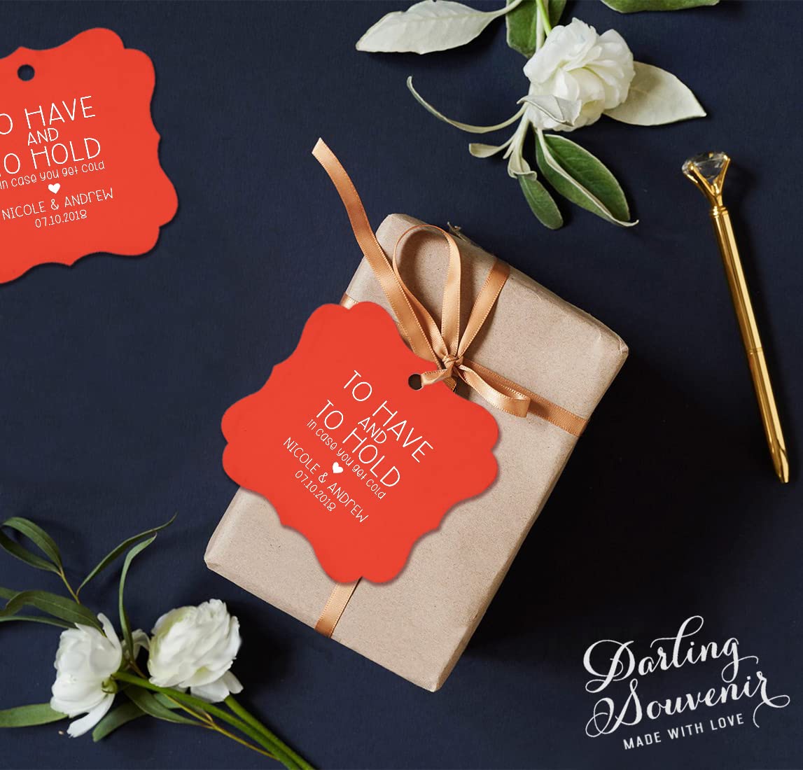 Darling Souvenir Custom Bonbonniere Gift Tags To Have And To Hold In Case You Get Cold Wedding Party Favor Hang Tags Metallic Gold 100 Tags