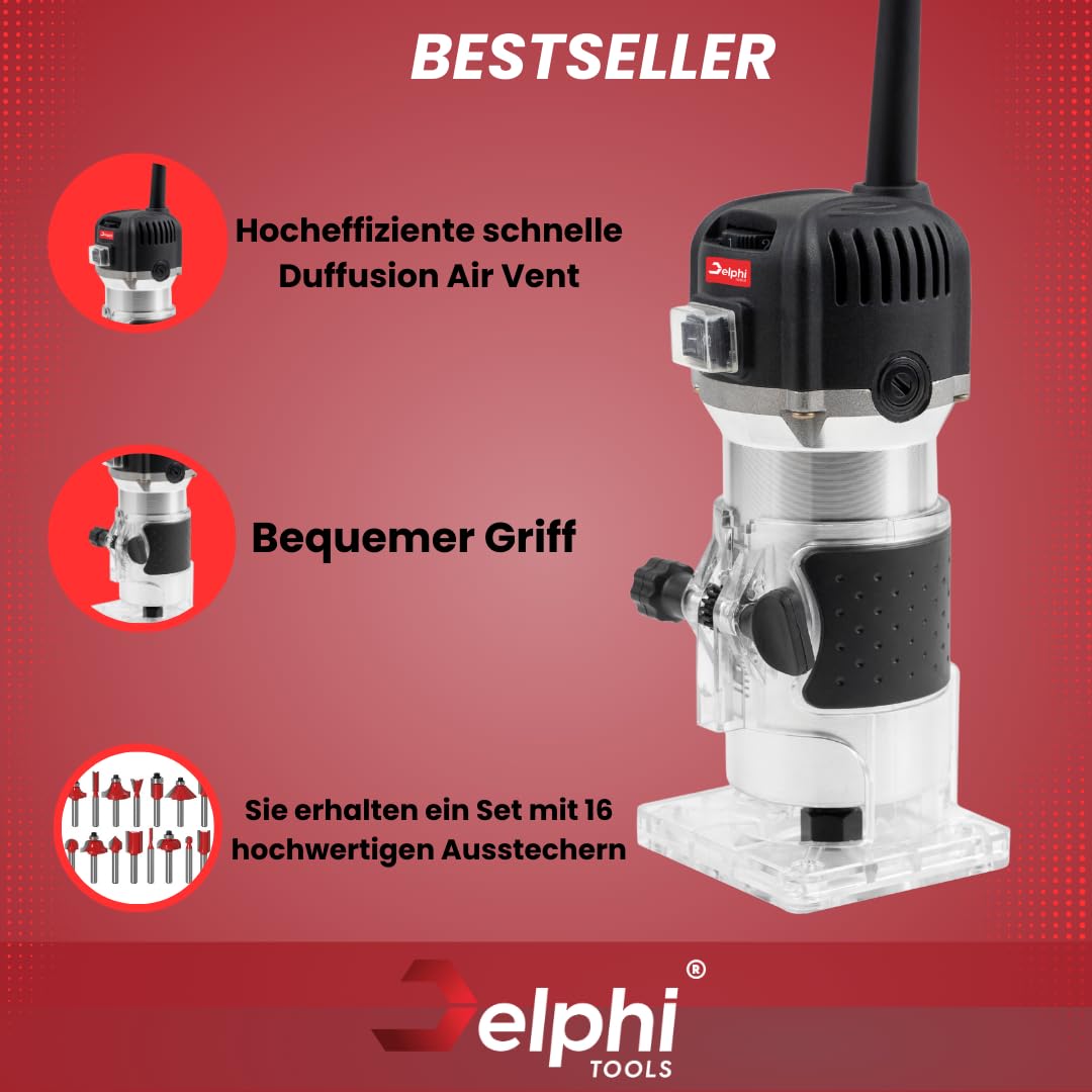 DELPHI Holzfräse Oberfräse Electric Hand Holz Fräsmaschine mit Koffer - 12 Set Zubehör 800 W 330000 R/min 6,35 mm - Wood Router Kantenfräse Handpalmenfräser für die Holzbearbeitung