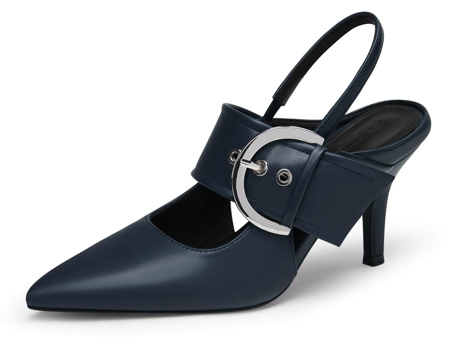 Womens Slingback Pumps Closed Pointed Toe High Heels Belt Buckle Strap Dressy Work Shoes