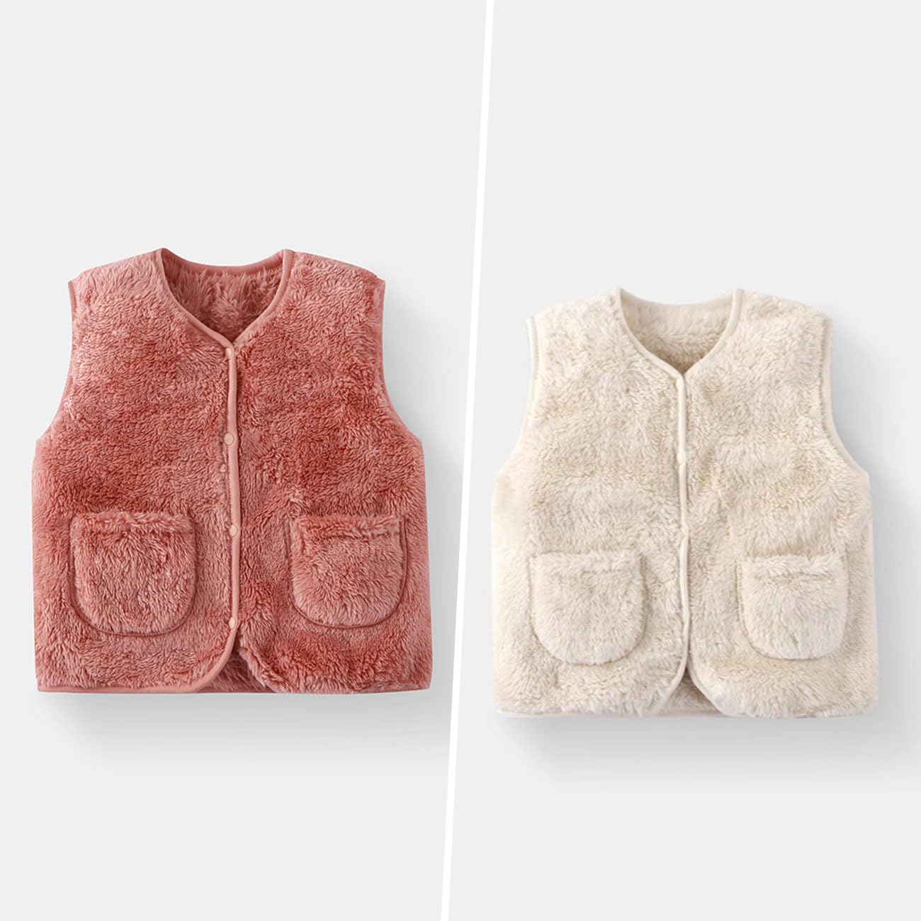 Bébé Fille Gilet Sans Manche en Polaire, Tout-Petit Mignon Fille Automne Hiver Veste sans Manches, Chaud Bouton-Pression Enfant Veste, Unisexe Vêtements avec Poches Beige/Rose, 1 à 7 Ans