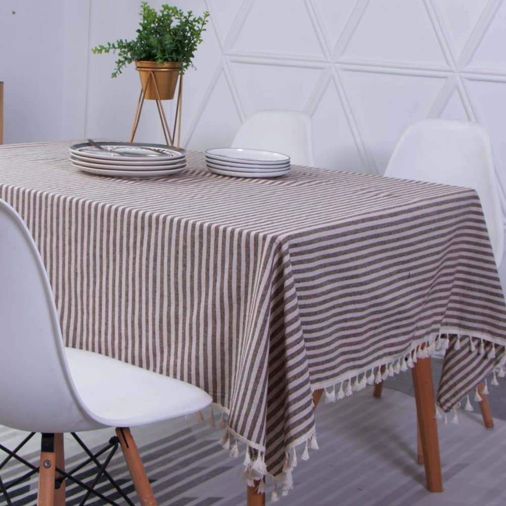 Novetec Tablecloth Rectangular Linen Look Stripe Tassel Tablecloth Wipe Clean Oil Resistant Stain Resistant Easy Care For Indoor Outdoor Garden Dining Room Party And Celebrations — image 1