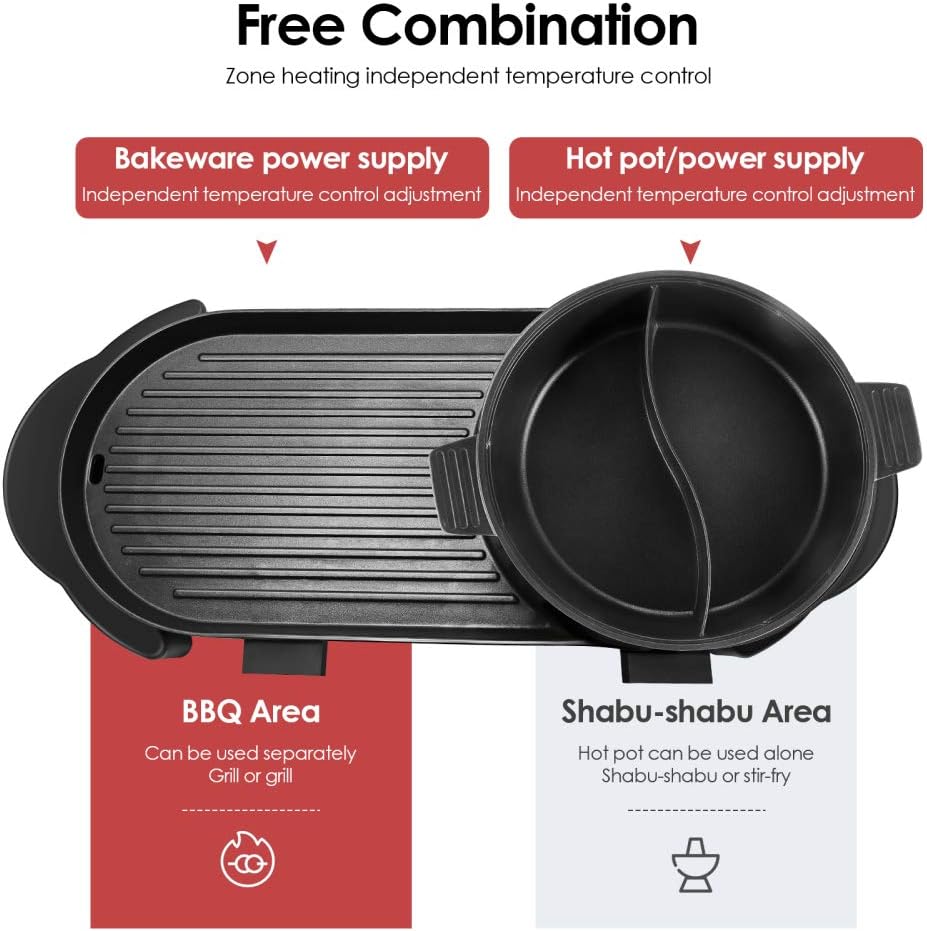 Super Deal Product S SMAUTOP Electric Grill and Hot Pot Combo, Indoo Grill and Shabu , Large Capacity Multifunctional Non-Stick Pan with 5 Temperature Adjustments for Home Party Outdoor