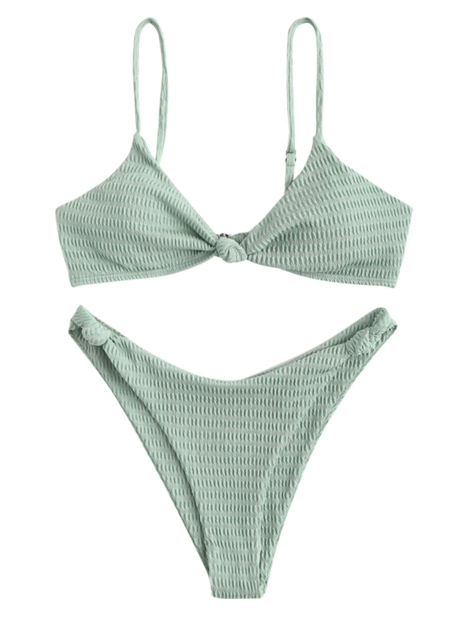 DEZZALZAFUL Women's Tie Knot Front Spaghetti Strap High Cut Bikini Set Swimsuit