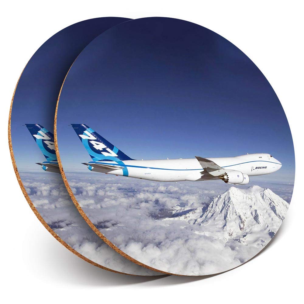 Destination Vinyl Ltd Multicolor 2 X Round Coasters - Boeing 747 Mountains Ski Holiday - Cork Backed Home Kitchen Accessory Tea Coffee Mug Mat #44414