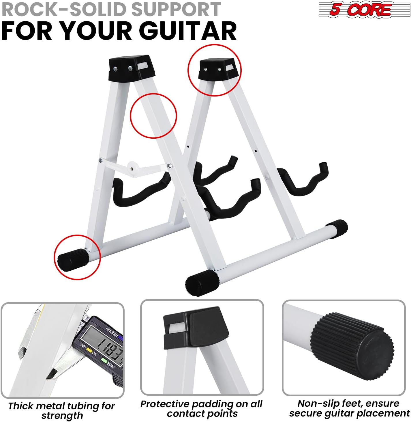 5 CORE Double Guitar Stand A Frame Shape w Soft Foam Arms Non Slip Rubber Supports Acoustic Electric Bass Ukulele Banjo White - GSS 2N1 WH