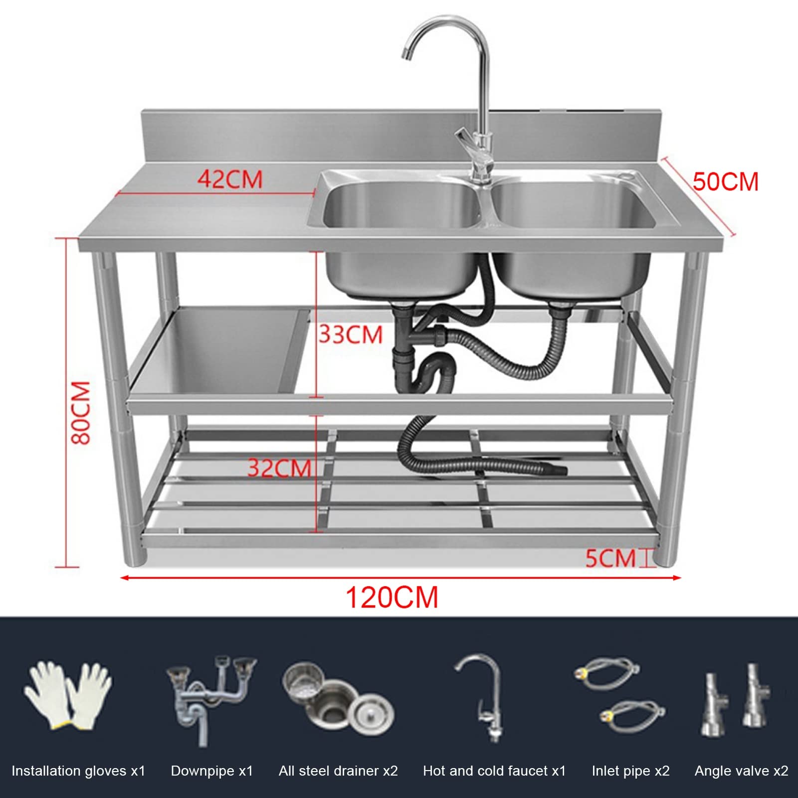 Lavelli a Doppia Vasca, lavello per Catering, lavello da Cucina in Acciaio Inox, lavello da Cucina Industriale con banco da Lavoro e Ripiani, per Esterni e Interni, Garage, Lavande