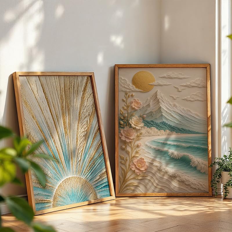 Image of NoWorries Coastal Sunrise Wall Painting Set of 2 with Frame | Textured Sunburst & Beach Landscape Artwork, Ocean Mountain Floral Nature Wall Decor for Living Room, Bedroom, Office and Home Decoration (Art-3, 13x19inch)