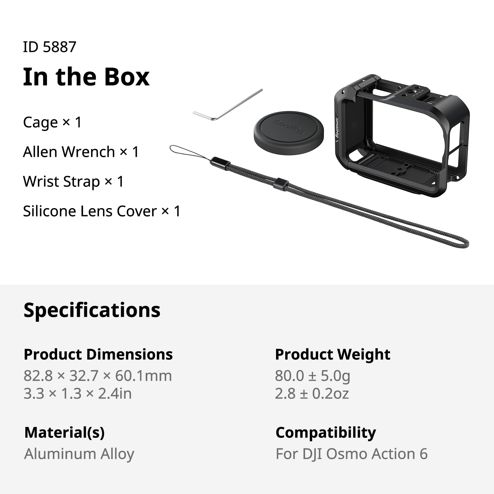 SMALLRIG Klatka do DJI Osmo Action 6 (Advanced Edition), aluminiowa klatka na kamerę z zimną stopką, paskiem na nadgarstek, osłoną obiektywu, ramką ochronną z otworami montażowymi 1/4"-20-5887