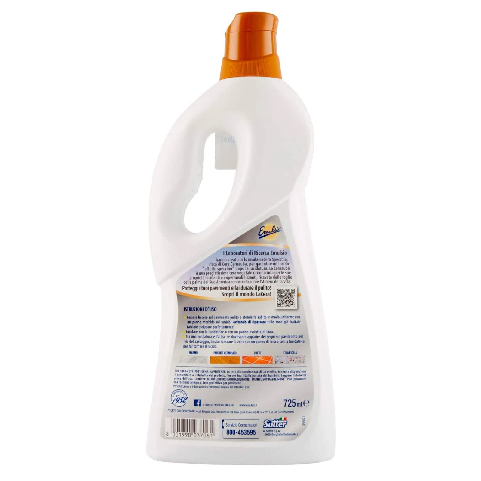 9 emulsios La cera espejo tradicional para todos los suelos, específica para pulidora, fórmula con cera de carnauba natural, acción protectora e impermeabilizante, 9 botellas de 725 ml