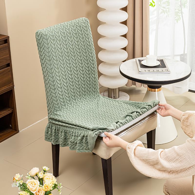 Image of Dining Chair Covers with Skirt, Chair Covers for Dining Room Set of 2,Beige Durable High Elastic Stretchable Easy Fit Universal Furniture Protector for Dining Room, Hotel, Ceremony