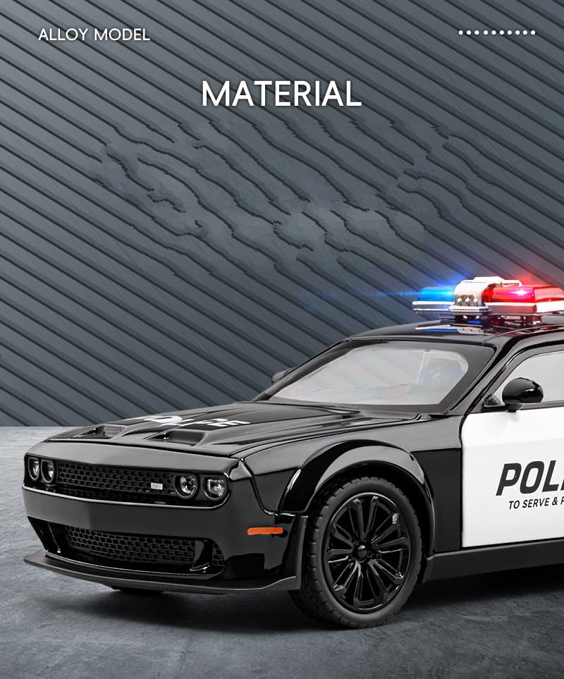 Image of Dodge Challenger Police 1:24 Diecast Metal Car - Openable Doors, Sound&Light, Pull Back Action,Collectible Toy Car for Kids - Durable & Realistic Model Collectors Police, Black