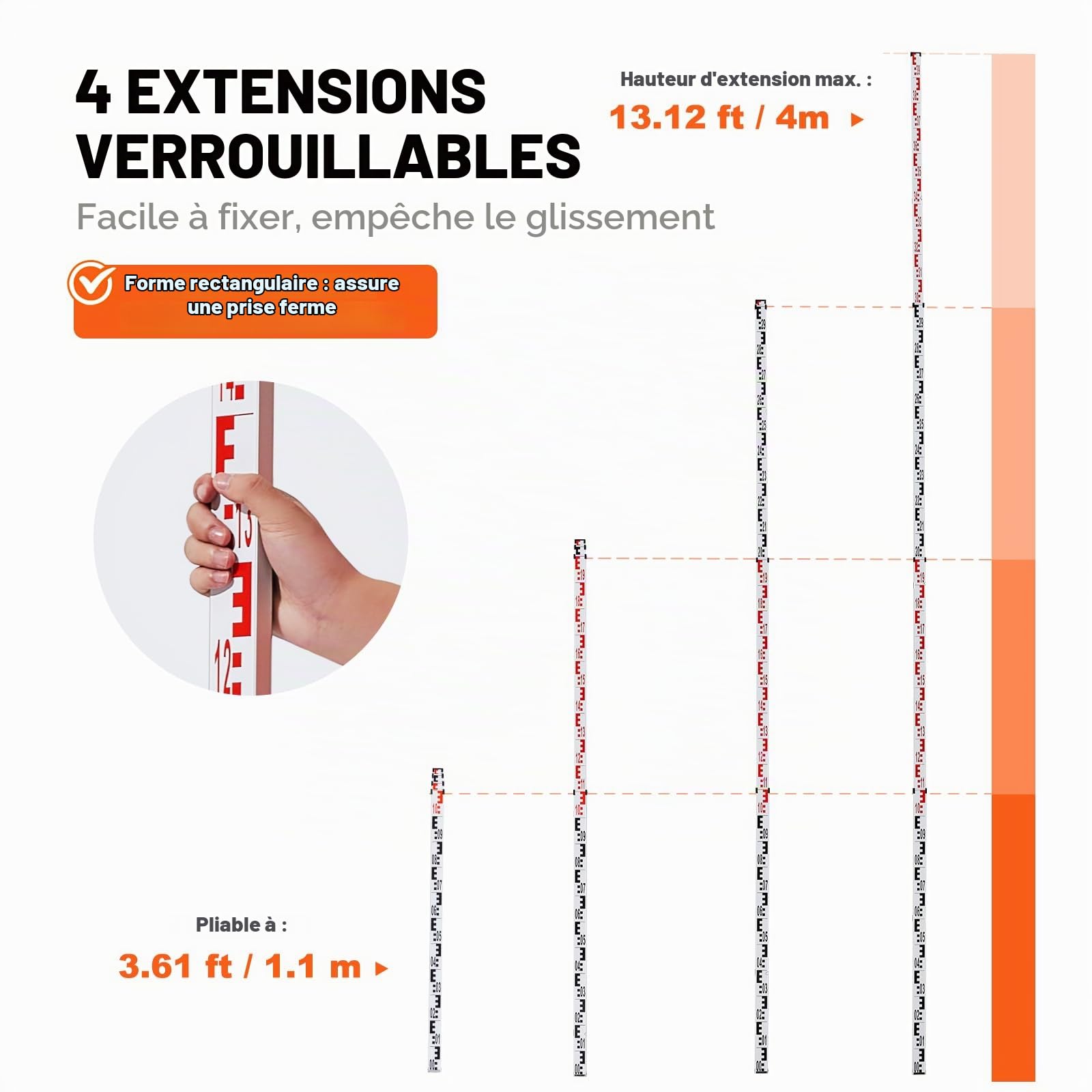 VEVOR Tige de mesure télescopique métrique 4 m, mire télescopique de mesure double face en cm/mm règle en alliage d'aluminium avec niveau à bulle et sac de transport pour mesurer maisons, murs, sols