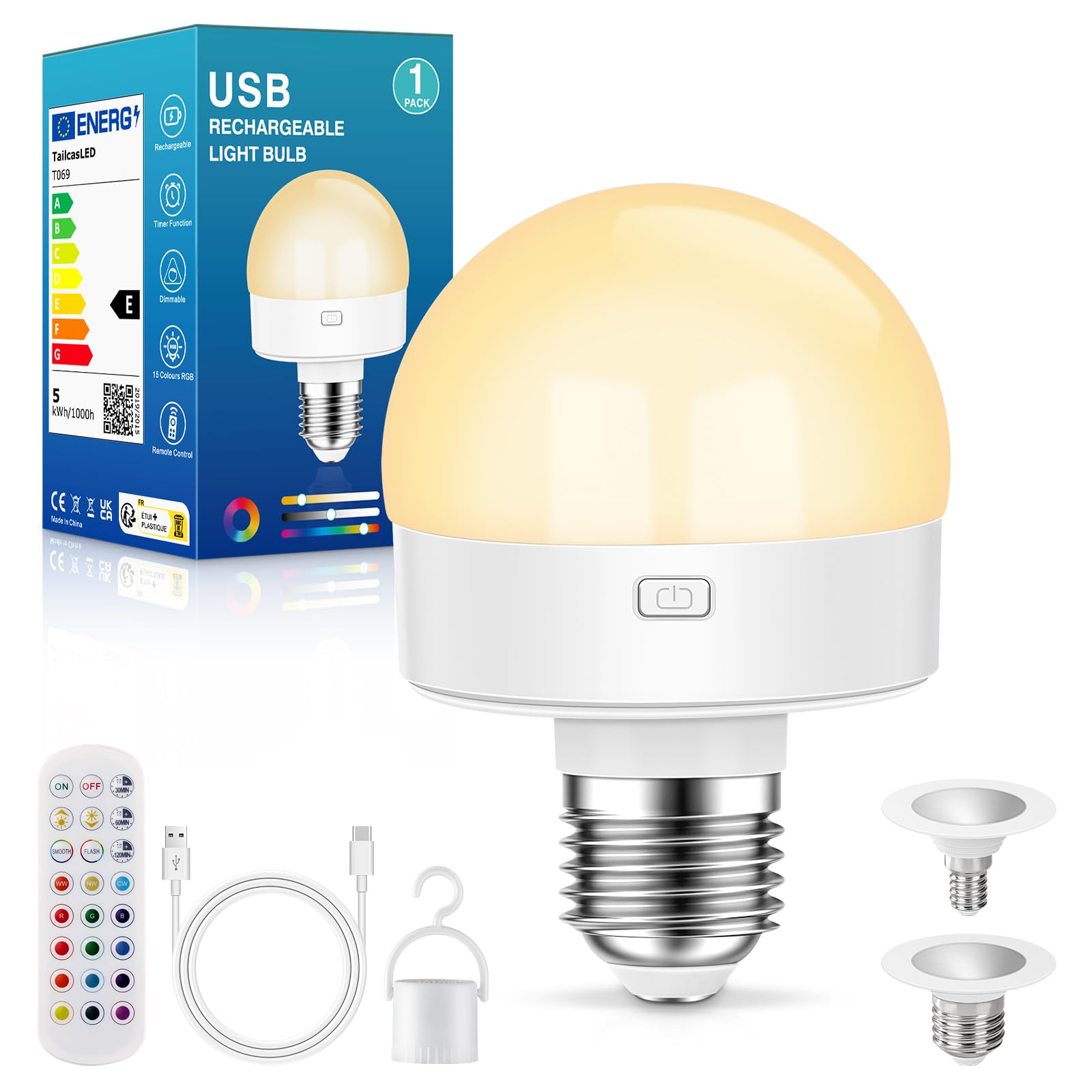 TailcasLED Wiederaufladbare USB-Glühbirne mit Fernbedienung, Timer und 3 Farbtemperaturen