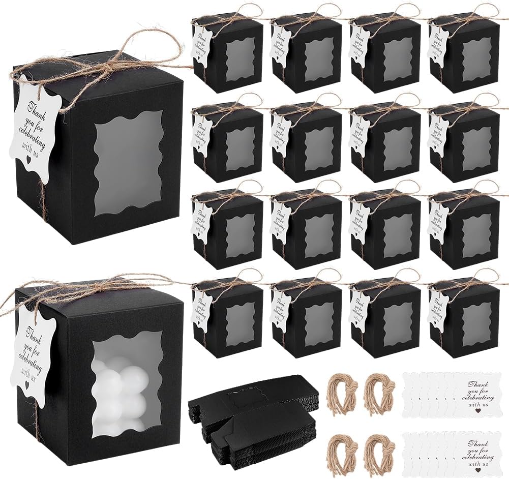 PH PandaHall 100 Set Candle Gift Boxes 3.35x3.35x3.94inch Black Kraft Paper Gift Boxes Rectangle Packaging Box with Visible Window Tags and Ropes for 10oz Candle Jar, Wedding Party Birthday