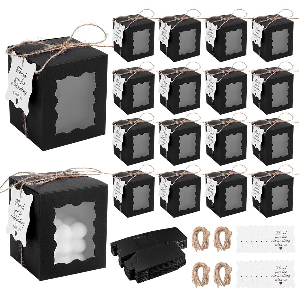 PH PandaHall 100 Set Candle Gift Boxes 3.35x3.35x3.94inch Black Kraft Paper Gift Boxes Rectangle Packaging Box with Visible Window Tags and Ropes for 10oz Candle Jar, Wedding Party Birthday