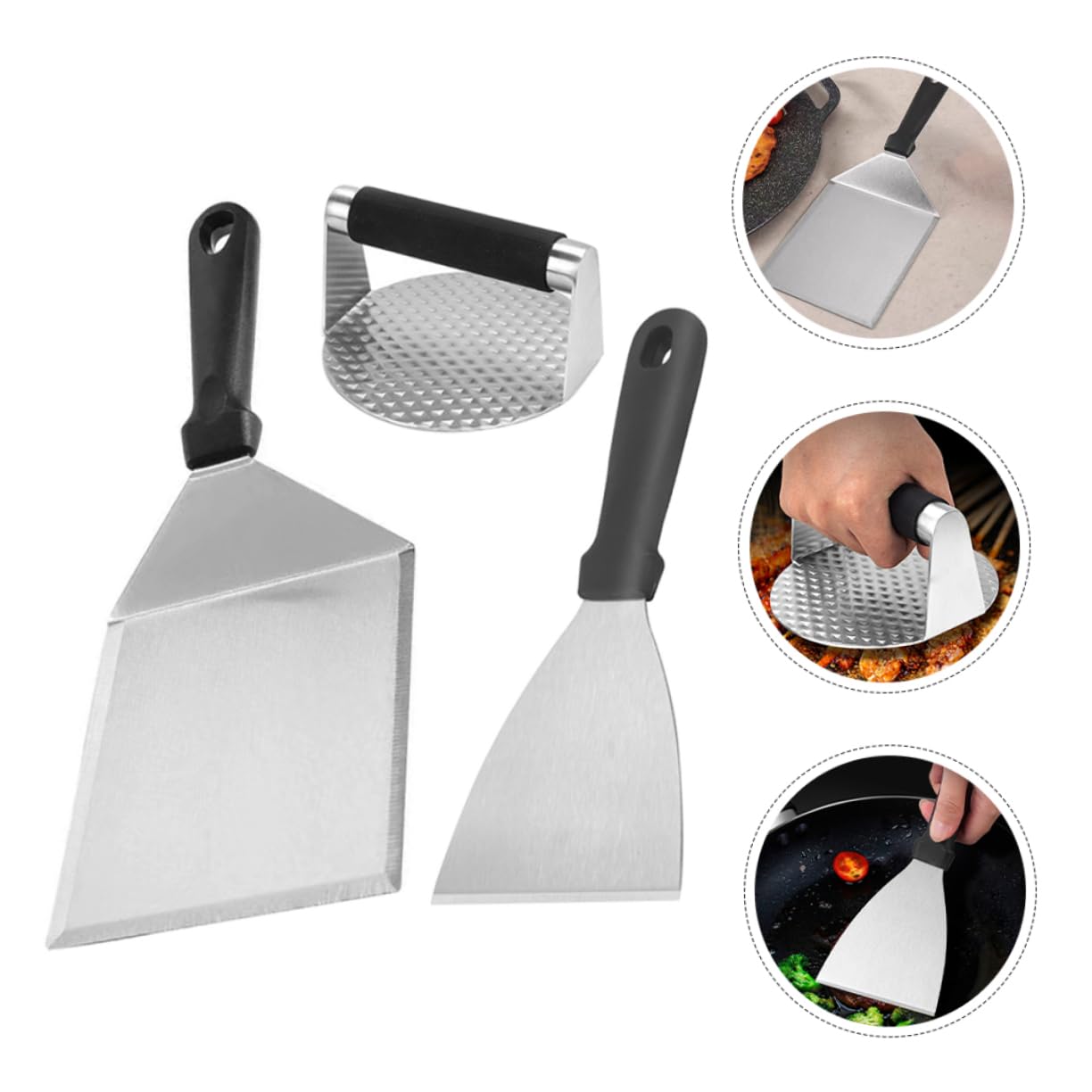 Set Utensili Barbecue 3 Pezzi in Acciaio Inossidabile | Impugnatura Pp, Pressa per Bistecca e Spatola, Uso Cucina e Burger Fai da Te
