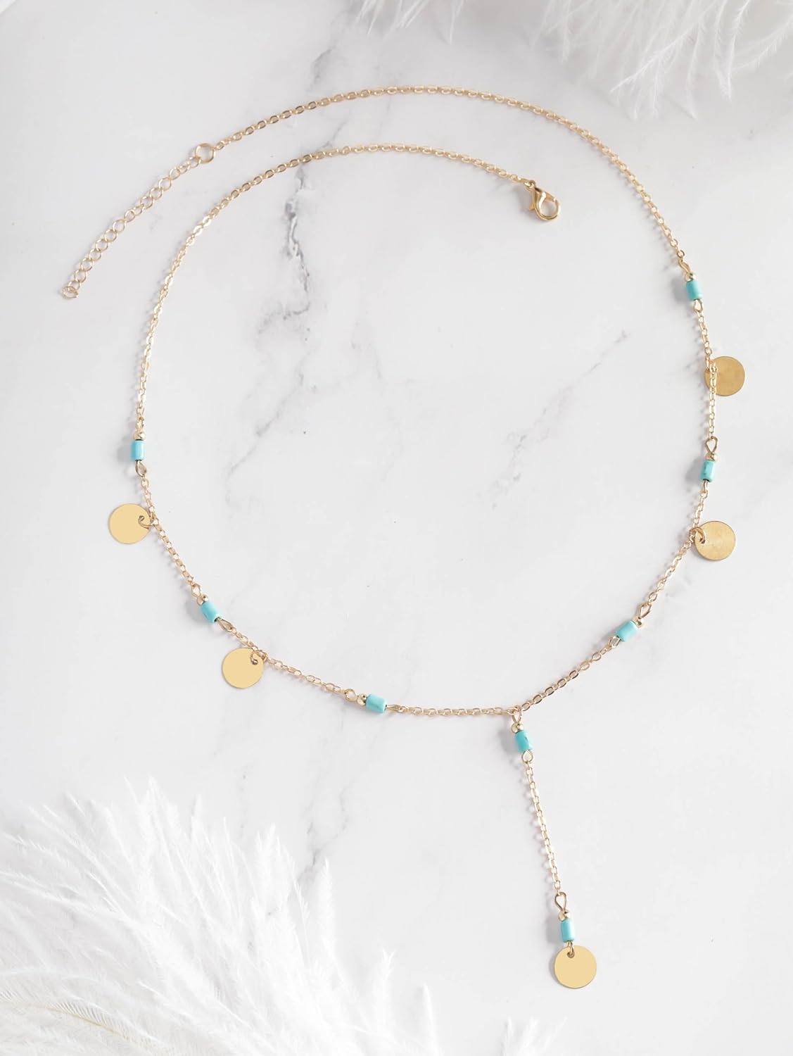 MINACHI Vintage Boho Created Turquoise Coin Dainty Gold Plated Chain Y Necklace, Trendy Minimalist Bohemian Jewelry Gift for Women - Image 2