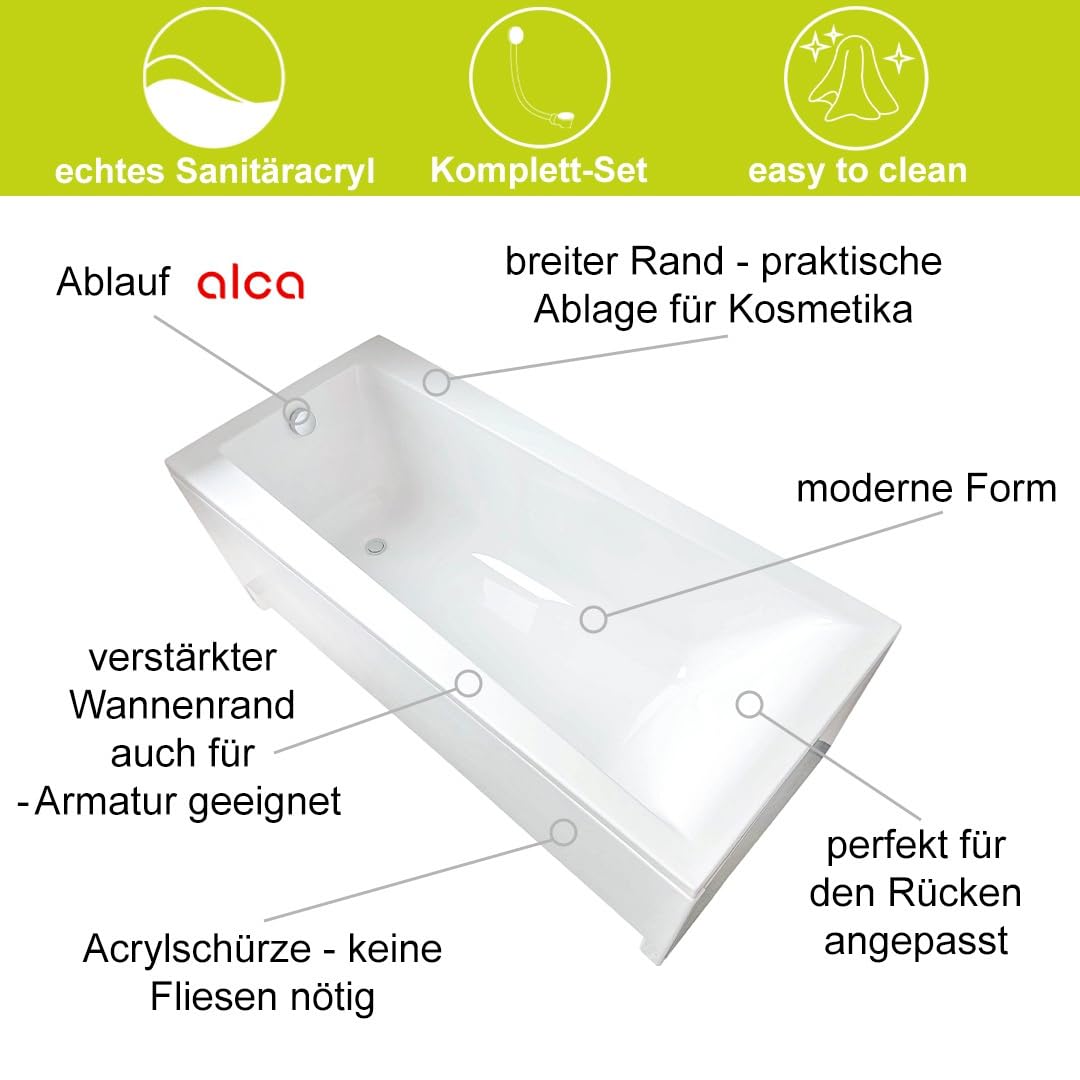 ECOLAM Badewanne LINDA Schürze Wanne Rechteck Acryl (weiß, 170x75 cm)