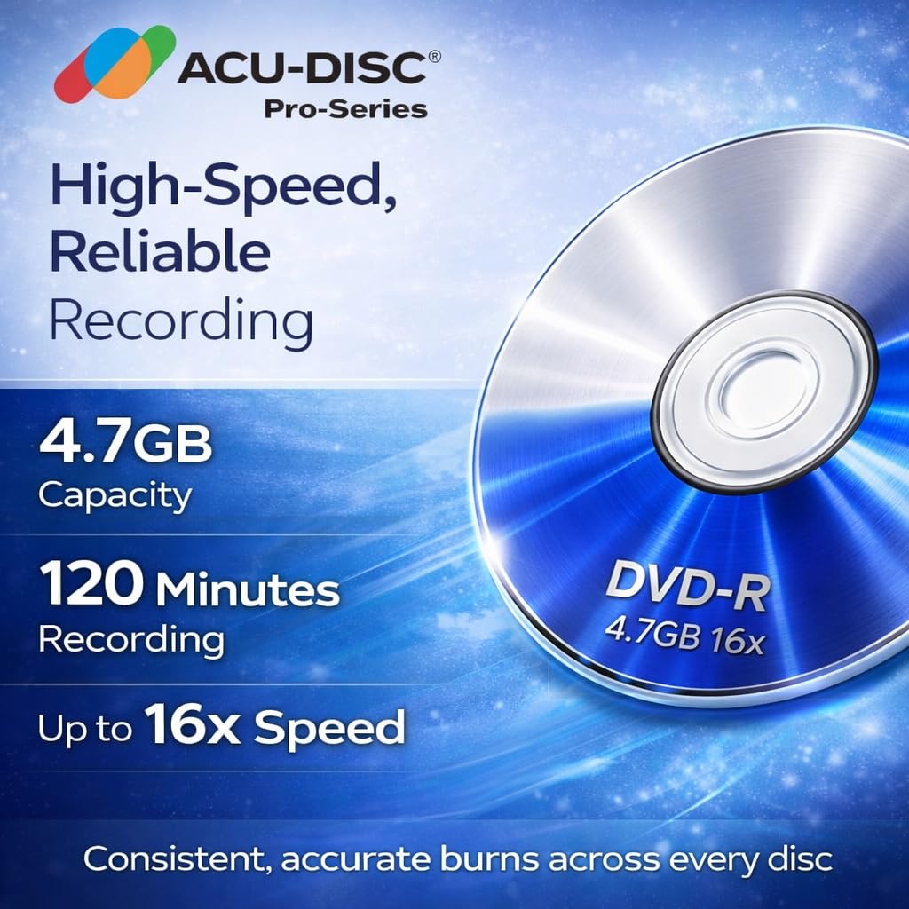 Pro-Series DVD-R 4,7 Go Vitesse 16x 120 minutes Disques vierges AZO Dye Protection UV Hard Coat Surface anti-rayures – Parfait pour photos et vidéos – Compatible avec n'importe quel lecteur