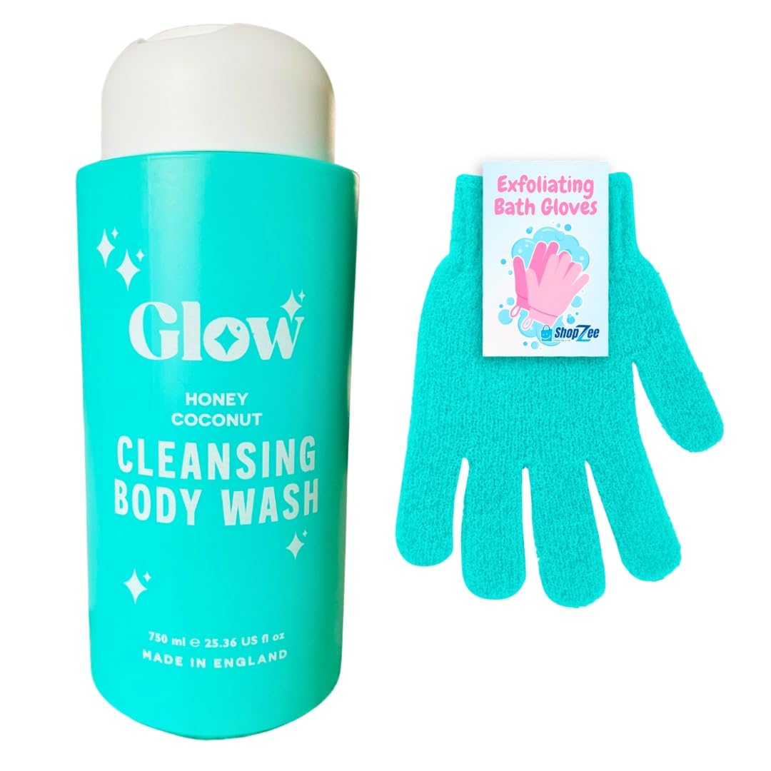 Glow Cleansing Body Wash 750ml and ShopZee Exfoliating Bath Gloves Set | Gel-Based Shower and Bath Formula | Exfoliated, Hydrated, Glowing Skin | Made in the UK (Honey Coconut)