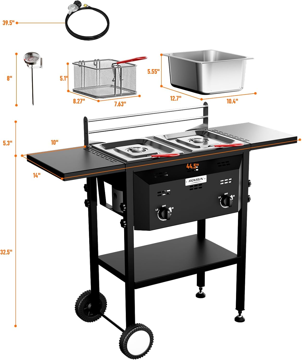 Bonnlo Outdoor Fryer with Dual 8QT Tank & Basket, 24,000 BTU Propane Deep Fryer with Side Shelf & Thermometers, Commercial Fryers with Wheels & Simple Control Knob for Outdoor Camping Cooking Use