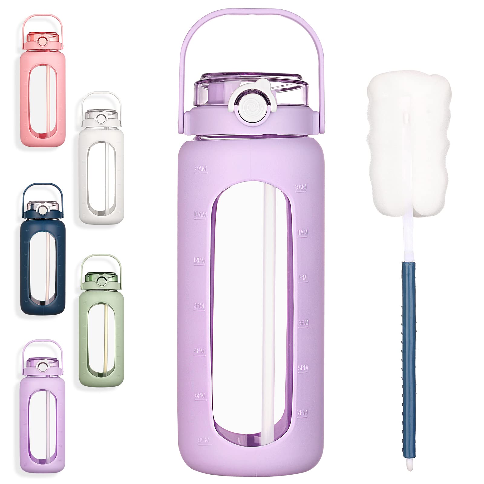 BLUEGO 56oz Glass Water Bottles with Straw Time Marker Half Gallon Large Motivational Water Bottle with Silicone Sleeve 2L Big Glass Water Jug Bottle for Gym, Sports, Workout, Daily Purple