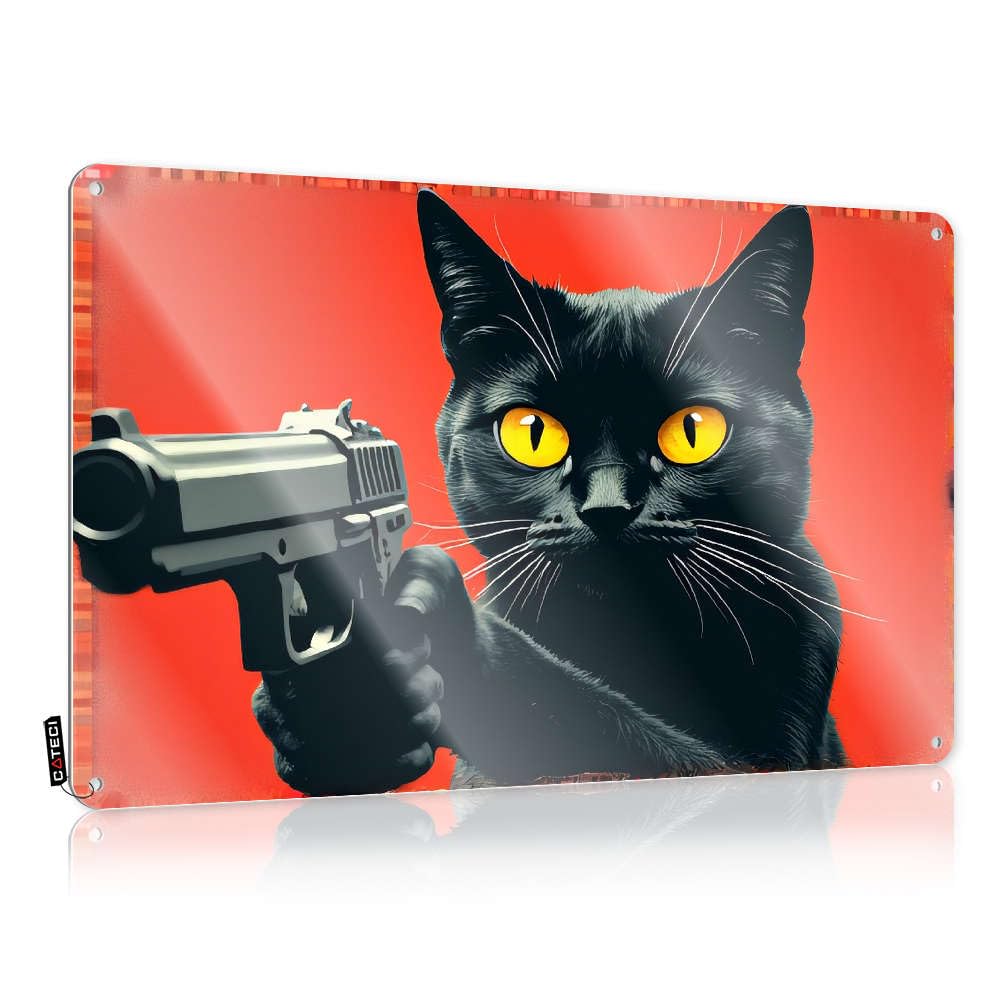 A Black Cat Holding A Gun Against A Red Background. Funny Sign Wall Decorative | Round Gift For Wife Hanging Art For Campers Living Room(30X40CM)