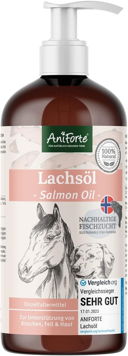 AniForte Salmon Oil Dogs 1 Litre – Rich in Omega 3 & 6, Fish Oil Dog High Dose, Real Food Quality without Additives, Freshly Bottled in Germany