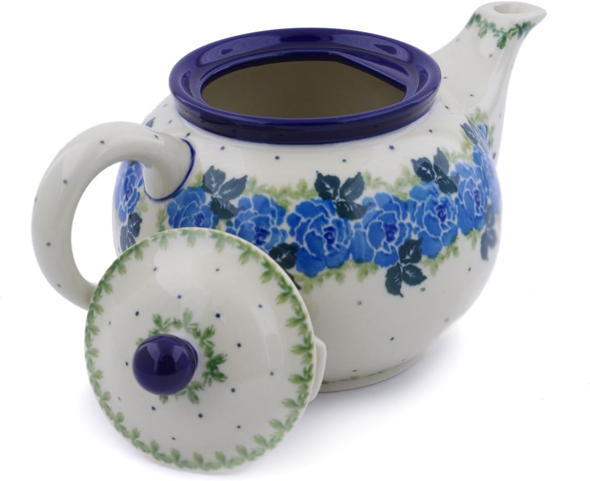 Polmedia Polish Pottery Tea or Coffee Pot - Blue Rose Pattern Handmade in Boleslawiec Poland by Ceramika Artystyczna + Certificate of Authenticity