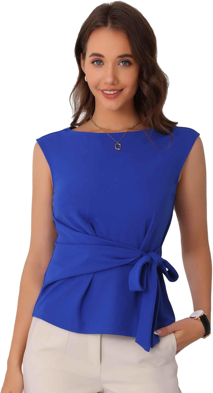 Allegra K Side Tie Tops for Women's Dressy Wrap Work Elegant Cap Sleeve Blouse